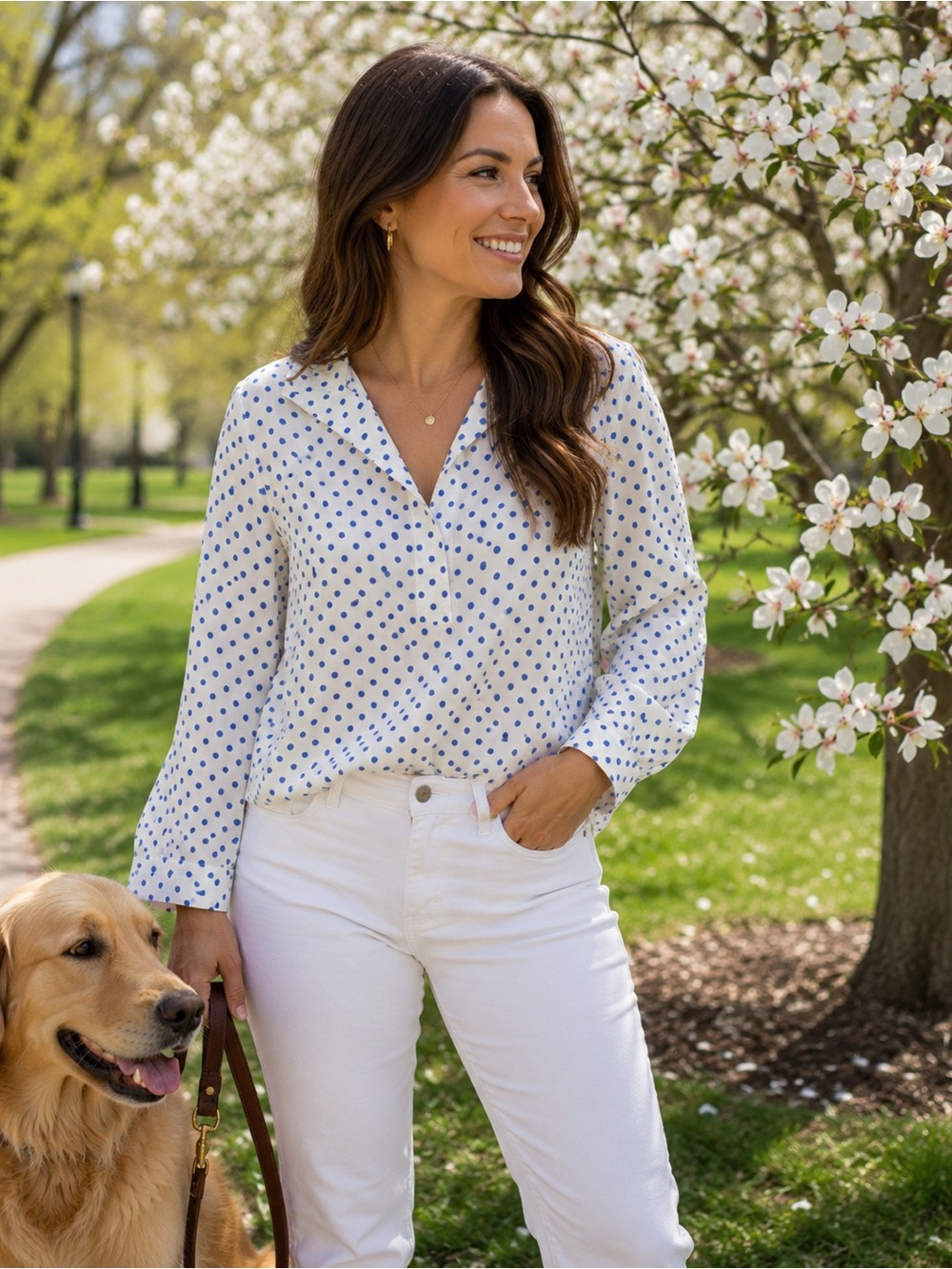 NEW - NEVER WORN On- Trend White Cotton Blouse with Blue Polka Dots